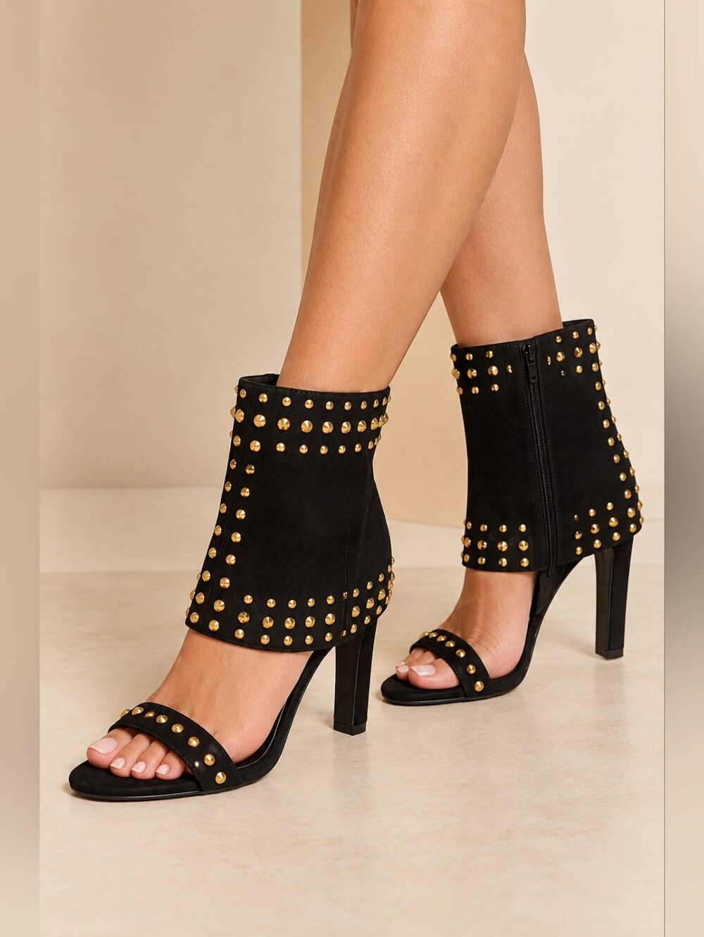 Olivia Ferguson Studded Black Suede Open-Toe Gold Studs Ankle Heels Size 8